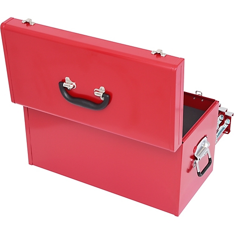 Offene rote Werkzeugkiste mit schwarzem Griff. Der Deckel ist geöffnet, sichtbar ist der Innenraum.